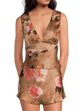 NIA Satin Floral V-Neck Skirt Set  in Brown